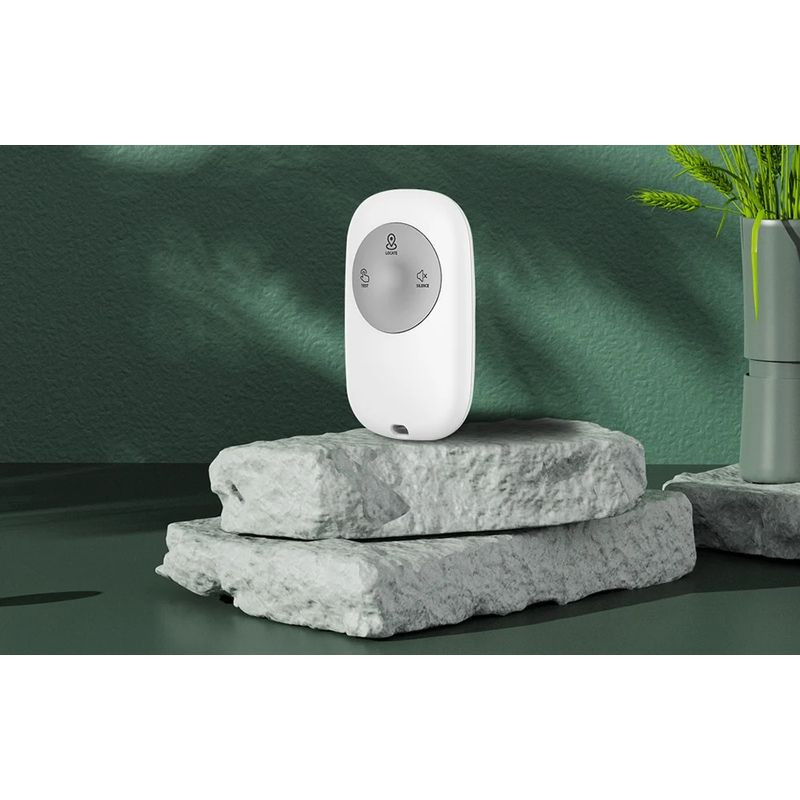 Télécommande sans fil Heiman HM1RC-W Interconnectée, boîtier blanc compact, trois boutons gris avec pictogrammes, LED d’état, design minimaliste sur