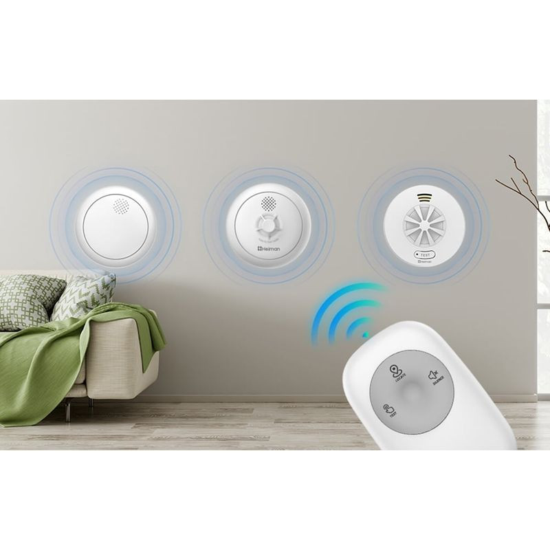 Télécommande sans fil Heiman HM1RC-W interconnectée, boîtier blanc compact, boutons SOS et alarme, pilotage à distance de détecteurs muraux avec signal