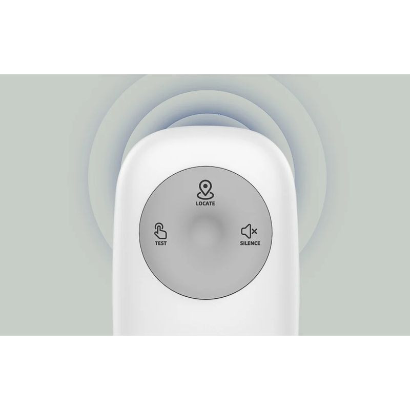 Télécommande sans fil Heiman HM1RC-W Interconnectée avec boutons Test, Silence et Locate, design blanc épuré, icône sonore indiquant la fonction de