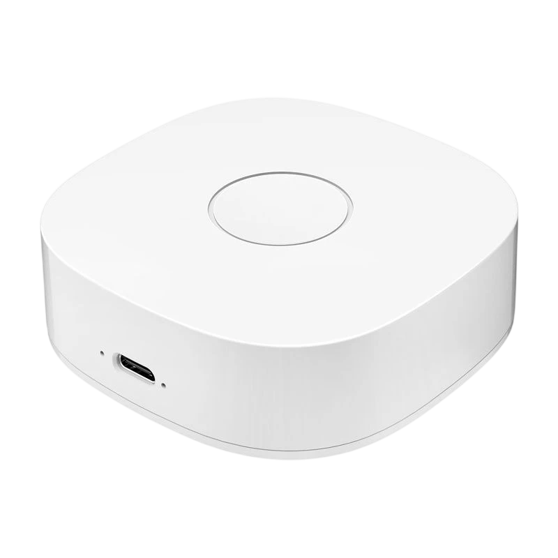 Heiman WS2GW-R WiFi - Switch: hub blanco compacto con bordes redondeados, botón central circular y puerto micro‑USB frontal, diseño minimalista y limpio.