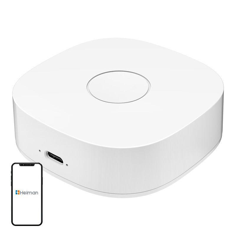 Heiman WS2GW-R WiFi – Switch blanc compact, boîtier carré aux coins arrondis, bouton central circulaire, port USB-C latéral, app mobile associée.