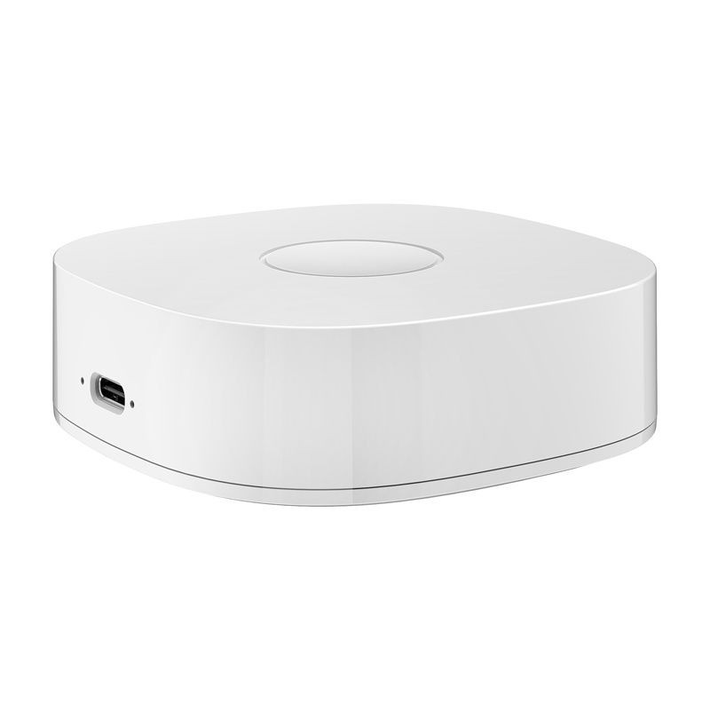 Heiman WS2GW-R WiFi – Switch blanc compact, boîtier carré arrondi, finition brillante, bouton central discret, port Micro‑USB latéral.