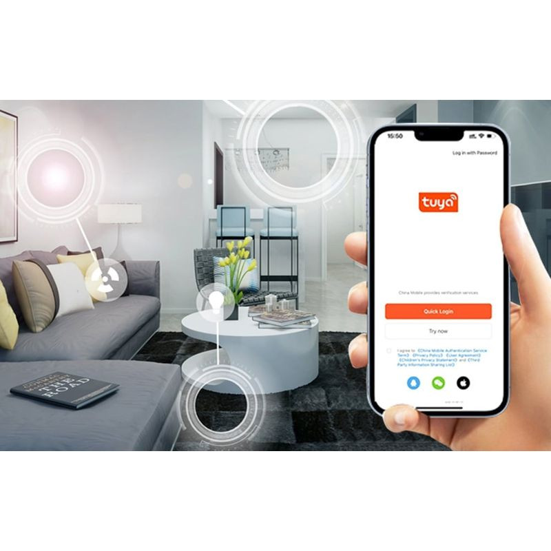 Heiman WS2GW-R WiFi – Switch: commande domotique via appli Tuya, contrôle à distance du salon moderne; icônes connectées, smartphone affichant
