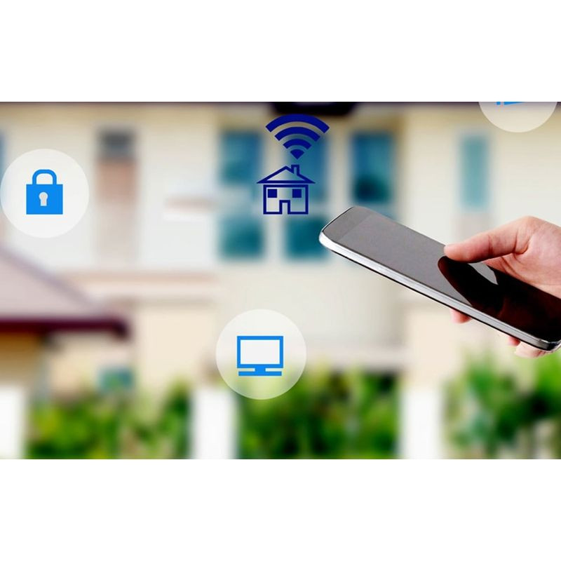 Heiman WS2GW-R WiFi – Switch: contrôle domotique via smartphone, icônes maison, écran et cadenas indiquant sécurité, réseau et gestion à distance.