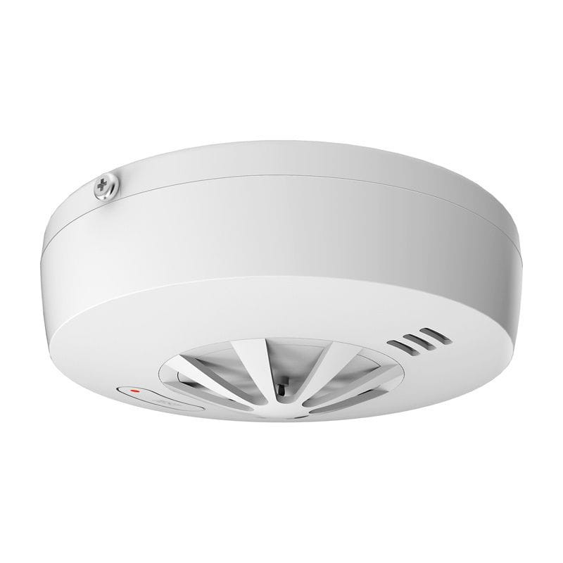 Heiman HM-5HW Alarme sem fios com sensor de calor, design branco circular, grelha central em estrela, botão “TEST” com LED vermelho e grelha sonora