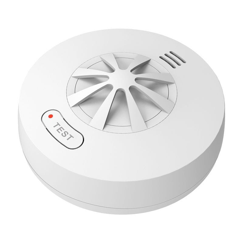 Heiman HM-5HW: alarme sem fios branco, formato circular, grelha central em estrela, LED indicador e botão “TEST”, saída sonora superior.