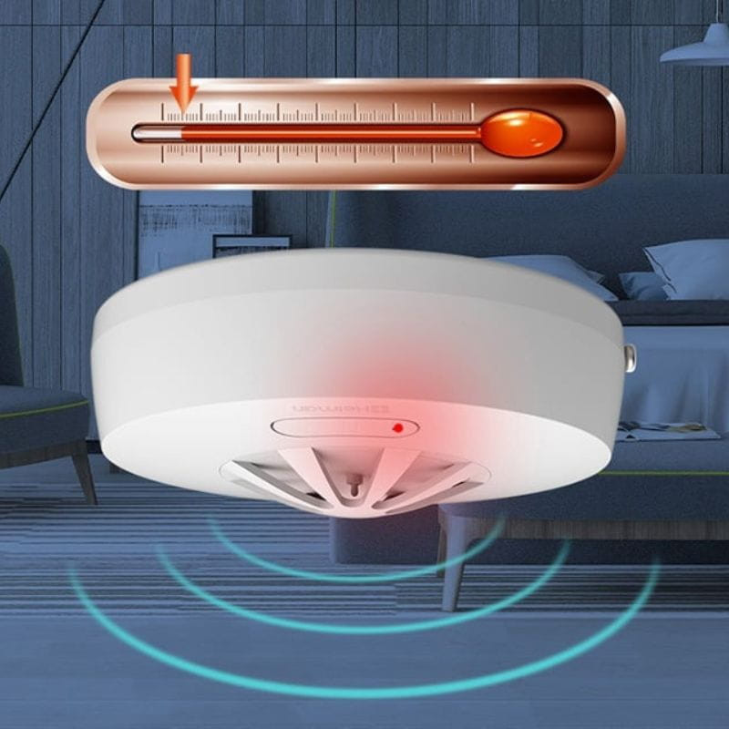 Heiman HM-5HW Alarme sem fios com sensor de calor: detector branco circular, grelha central, LED indicador vermelho, grelhas laterais e parafuso de fixação