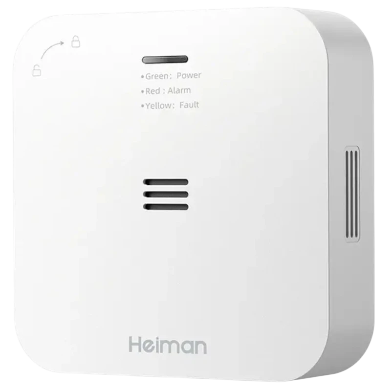Heiman HM-720ES-W Inalámbrico Detector de CO2 blanco, compacto, pared, rejillas laterales, LED de estado verde/rojo/amarillo y ranura frontal de ventilación
