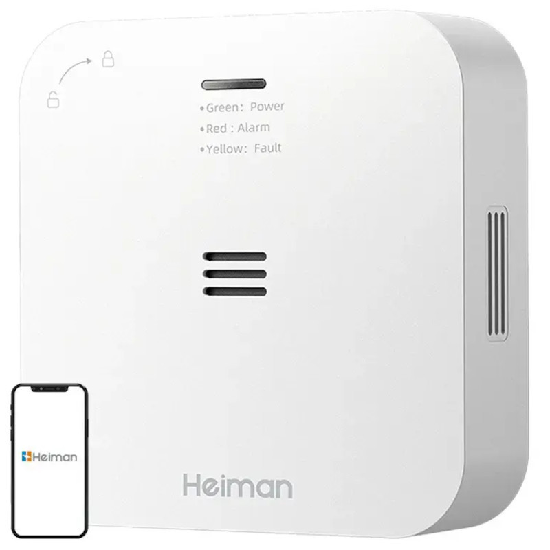 Heiman HM-720ES-W Inalámbrico - Detector de CO2 blanco, diseño cuadrado con rejillas laterales, LED de estado verde/rojo/amarillo y alarma central audible