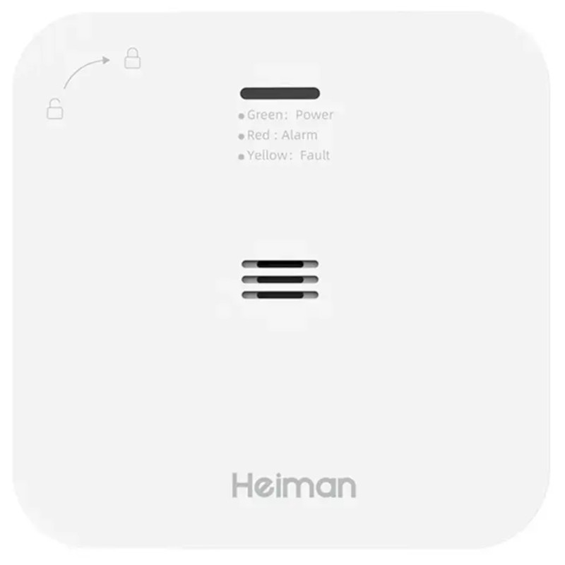 Heiman HM-720ES-W Inalámbrico - Detector de CO2 blanco, diseño cuadrado compacto con rejilla central, LEDs de estado verde rojo amarillo y marca frontal