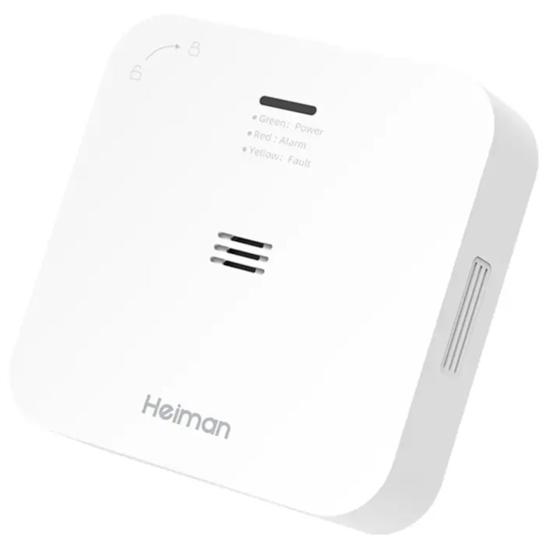 Heiman HM-720ES-W Inalámbrico Detector de CO2 blanco, diseño cuadrado compacto, rejilla frontal, ranuras laterales de ventilación y LEDs de estado