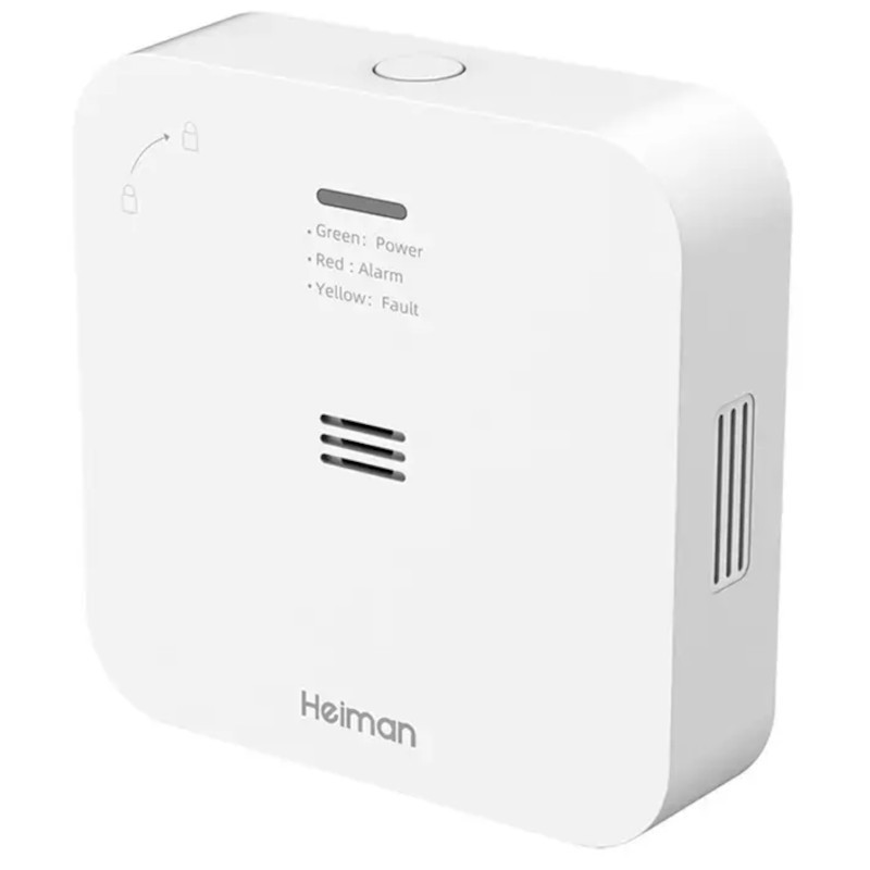 Heiman HM-720ES-W Inalámbrico - Detector de CO2 blanco, compacto, con LED de estado, rejillas laterales de ventilación y botón superior de control