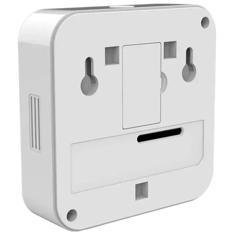 Heiman HM-720ES-W Inalámbrico Detector de CO2 en carcasa blanca cuadrada con ranura frontal, rejillas laterales y orificios de montaje traseros
