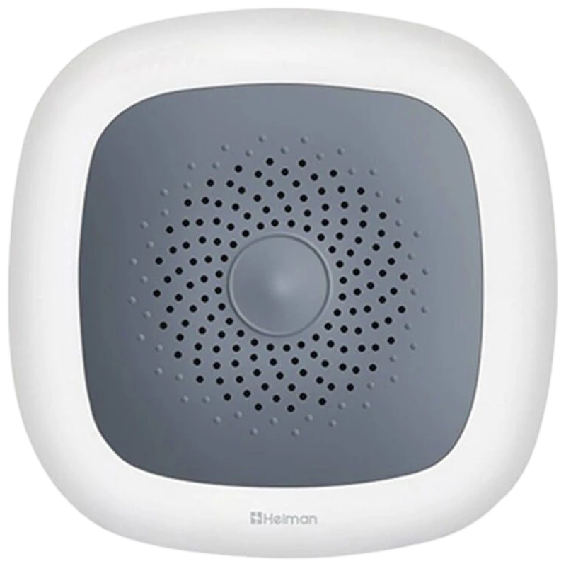 Heiman HS1HT Tuya Zigbee Sensor de temperatura y humedad con carcasa blanca y gris, rejilla central perforada y LED frontal; diseño compacto para pared o techo