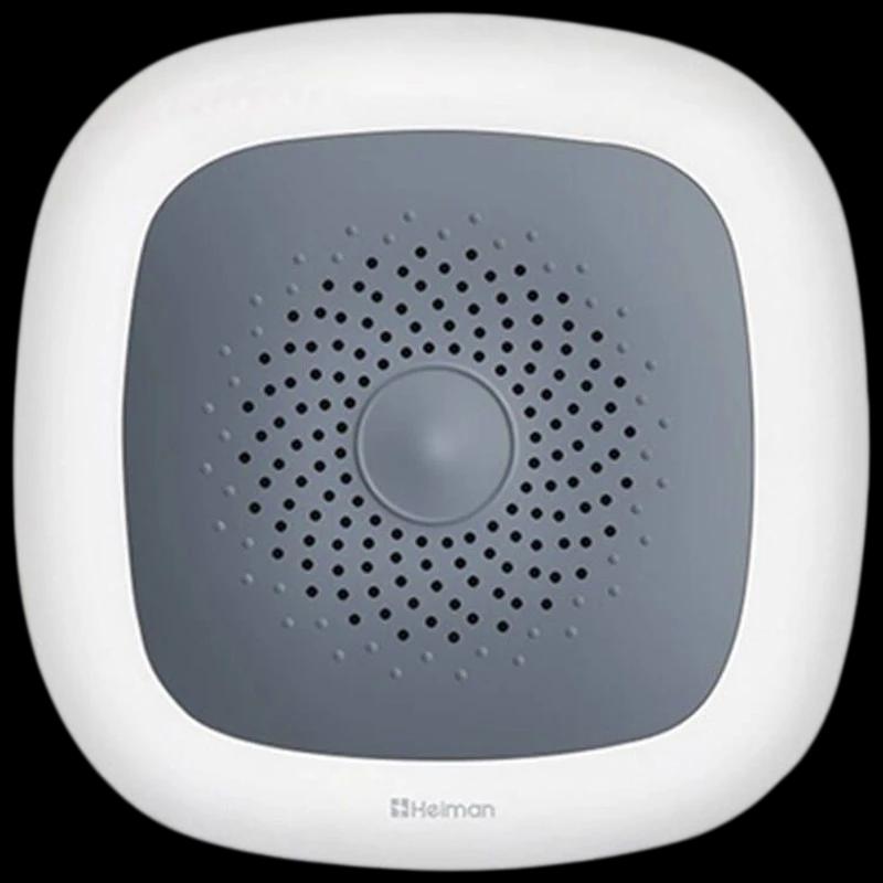 Heiman HS1HT Tuya Zigbee Sensor de temperatura y humedad con carcasa blanca y gris, rejilla central perforada y LED frontal; diseño compacto para pared o techo