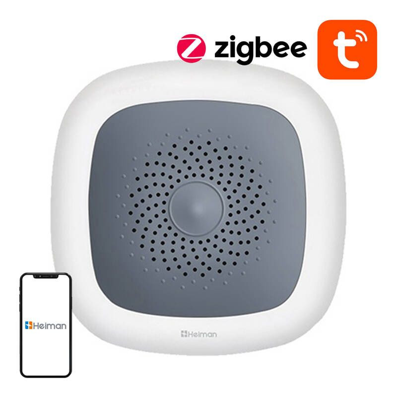 Heiman HS1HT Tuya Zigbee sensor blanco con panel central gris y rejilla circular, compacto de pared, compatible con app móvil y logos Zigbee y Tuya visibles