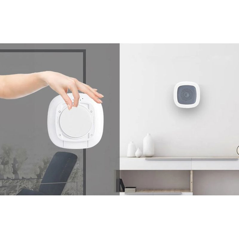 Heiman HS1HT Tuya Zigbee Sensor de temperatura y humedad blanco, compacto y cuadrado, rejilla frontal gris, montaje en pared, diseño minimalista para hogar
