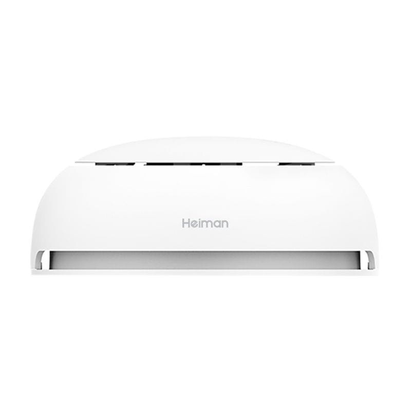 Heiman HM2SA-1W sensor de humo inalámbrico interconectado, diseño blanco minimalista de montaje en techo, rejillas de ventilación y acabado curvo discreto