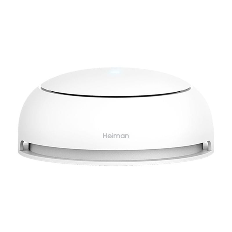 Heiman HM2SA-1W Sensor de humo inalámbrico interconectado, diseño compacto blanco con luz LED superior y ranuras laterales de ventilación para detección