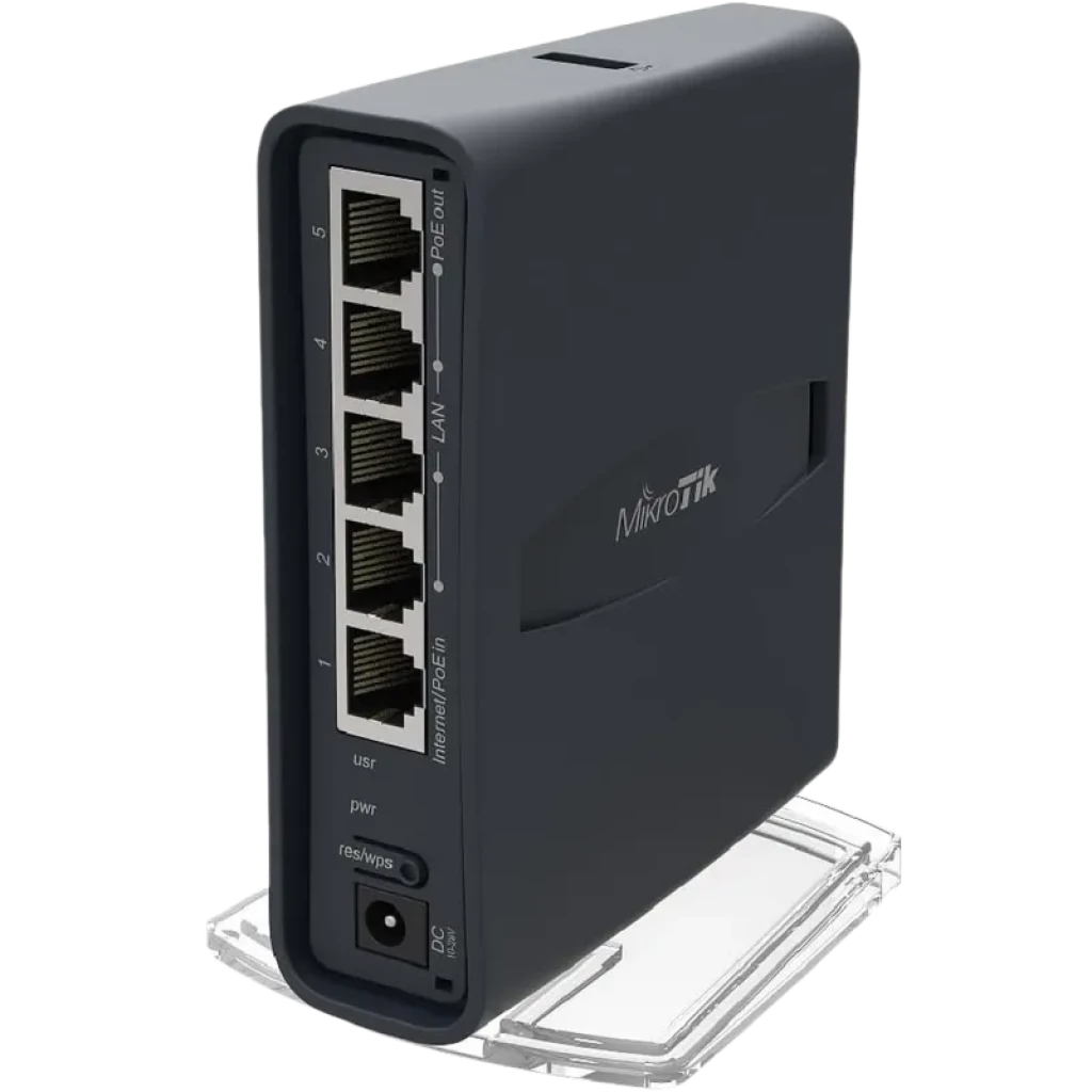 Mikrotic Hap AC2 ponto de acesso Wi‑Fi dual band, gabinete cinza vertical, 5 portas Gigabit frontais, leds de status, botão WPS, base transparente