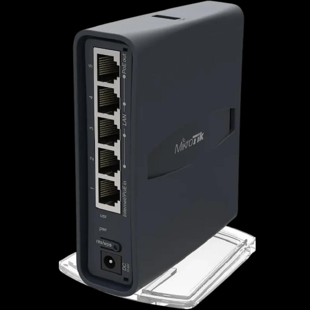 Mikrotic Hap AC2 ponto de acesso Wi‑Fi dual band, gabinete cinza vertical, 5 portas Gigabit frontais, leds de status, botão WPS, base transparente