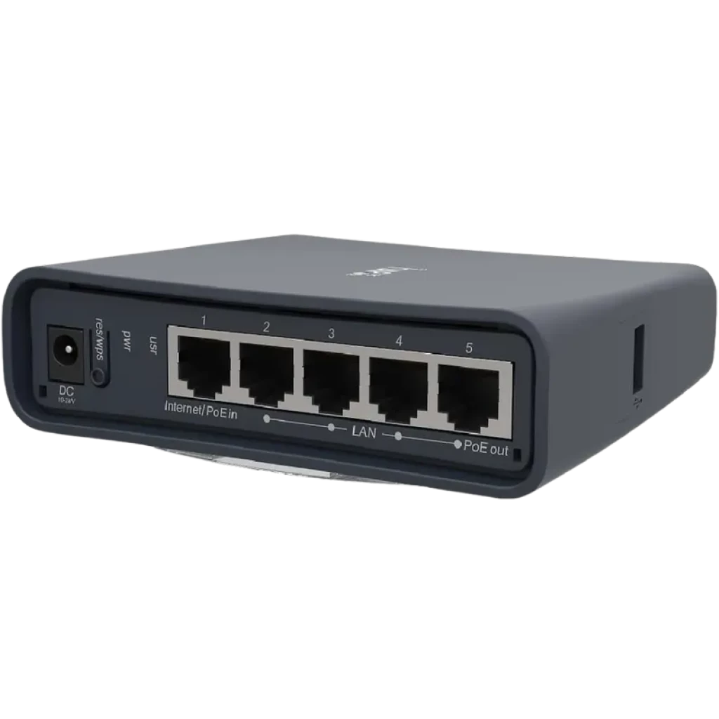 Mikrotic Hap AC2 ponto de acesso Wi‑Fi dual band com 5 portas Gigabit, design compacto cinza, LEDs de status frontais, porta PoE e alimentação DC lateral