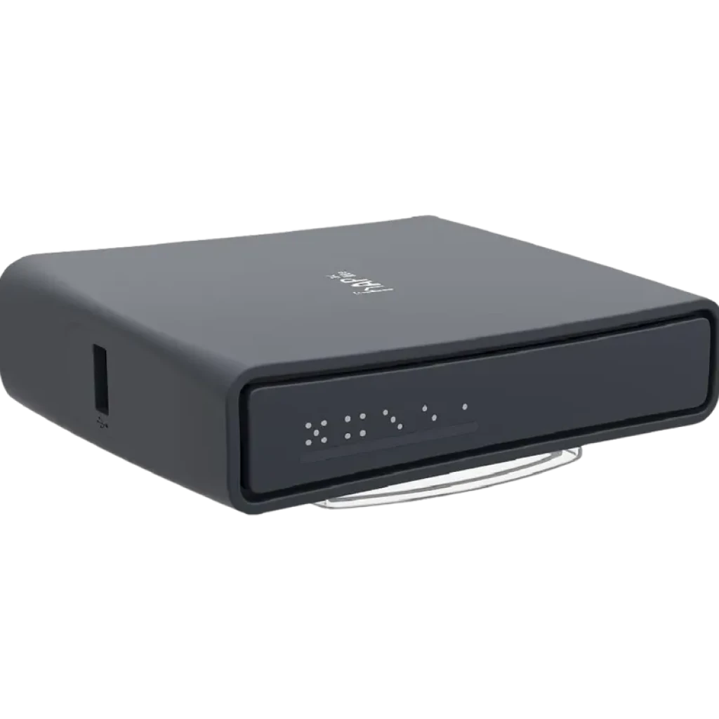 Mikrotic Hap AC2 ponto de acesso Wi-Fi dual band em caixa preta compacta, frente com LEDs de status e porta lateral, base circular translúcida