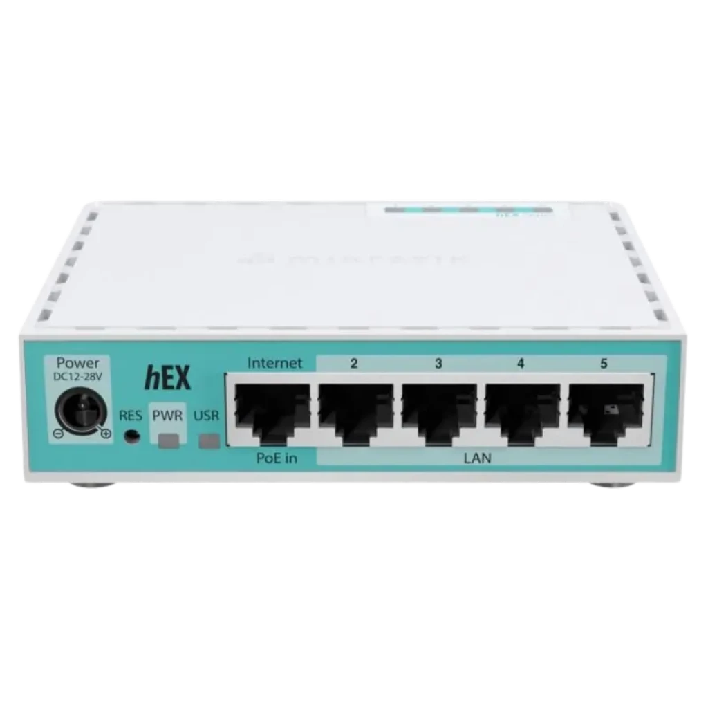 Router MikroTik E50UG hEX branco com 5 portas Gigabit Ethernet, LEDs de status, entrada PoE in e alimentação DC 12–28V, design compacto retangular