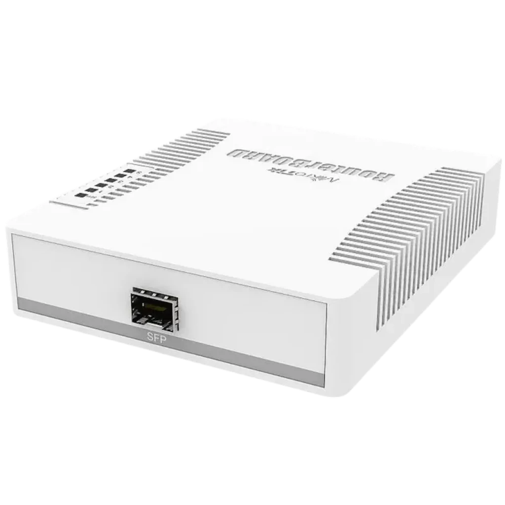 Mikrotik RB260GS branco compacto com carcaça ventilada, porta SFP frontal destacada e acabamento limpo ideal para redes Gigabit pequenas