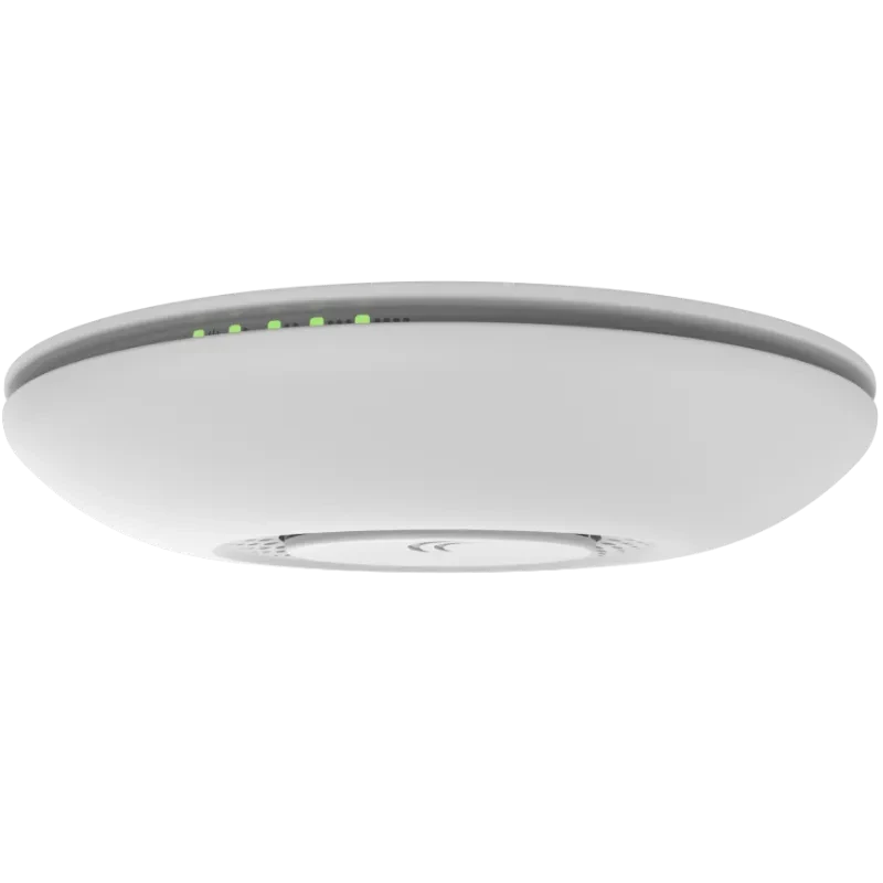 Mikrotik RBCAP2ND punto de acceso de techo, diseño circular blanco, LEDs de estado verdes, perfil ultraplano, rejillas laterales de ventilación, acabado mate
