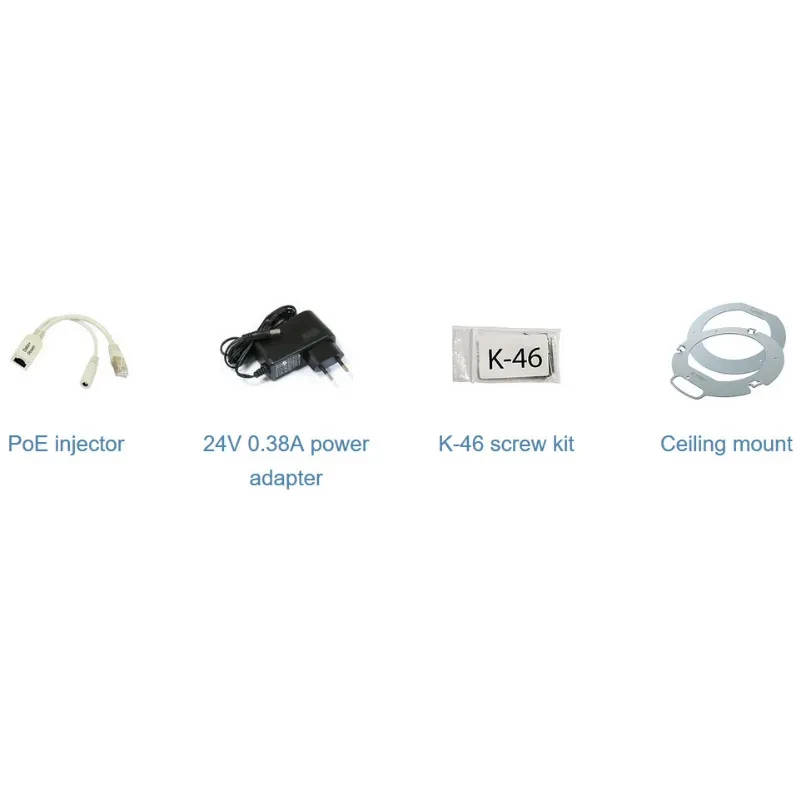 Accesorios para Mikrotik RBCAP2ND: inyector PoE, adaptador 24V 0.38A, kit de tornillos K-46 y soporte de montaje en techo