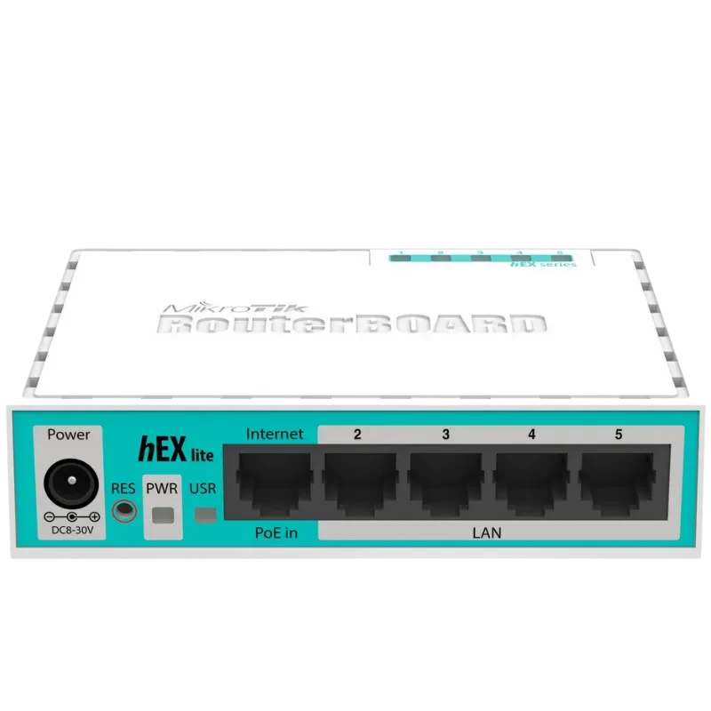 Router MikroTik hEX lite blanco con 5 puertos Fast Ethernet frontales, indicador PWR y USR, botón RES, entrada DC 6-30 V y PoE in; carcasa compacta y ranuras