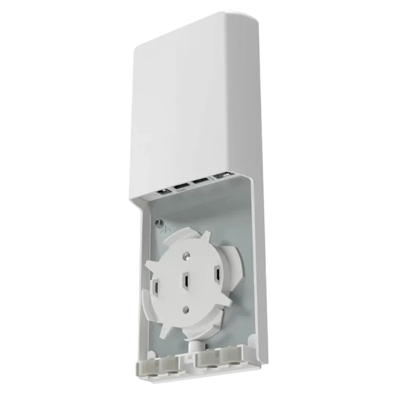 MikroTik FTC21 Convertidor Fibra-Cobre 2,5 Gbps con carcasa blanca, tapa abatible y dos puertos Gigabit Ethernet visibles en la parte superior