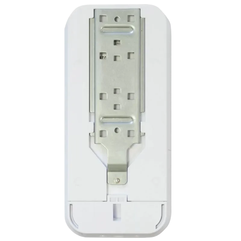 MikroTik RBFTC11 Convertidor Fibra-Cobre Gigabit 1 Gbps con carcasa blanca y soporte metálico trasero perforado, diseño compacto para montaje vertical