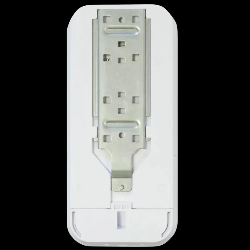 MikroTik RBFTC11 Convertidor Fibra-Cobre Gigabit 1 Gbps con carcasa blanca y soporte metálico trasero perforado, diseño compacto para montaje vertical