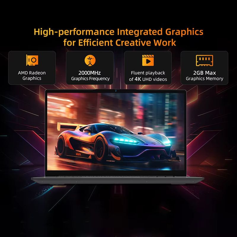 BMAX X17 Pro affichant un jeu 4K fluide: écran 15,6 pouces, graphismes AMD Radeon intégrés à 2000 MHz, mémoire graphique 2 Go, design fin et moderne