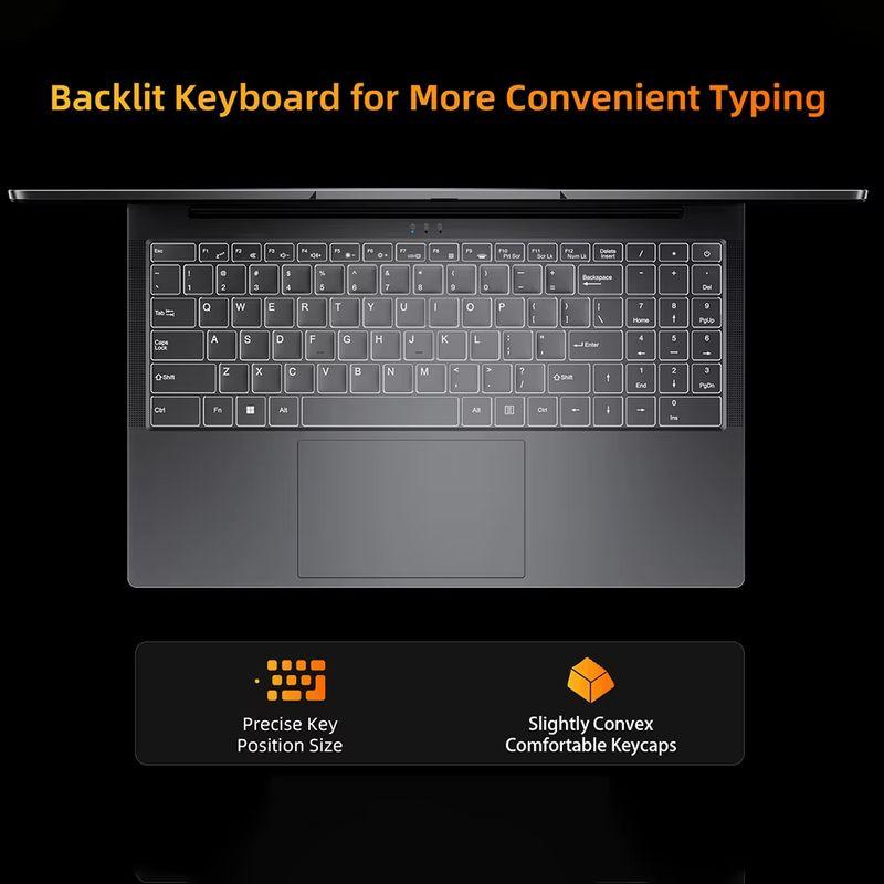 Clavier rétroéclairé du BMAX X17 Pro avec touches confort légèrement convexes et disposition précise, idéal pour taper facilement dans l’obscurité