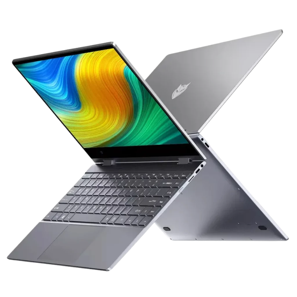 Notebook 14 pol. cinza com tela touch vibrante, dobradiça 360° estilo flip, corpo fino em alumínio, teclado completo e portas laterais visíveis