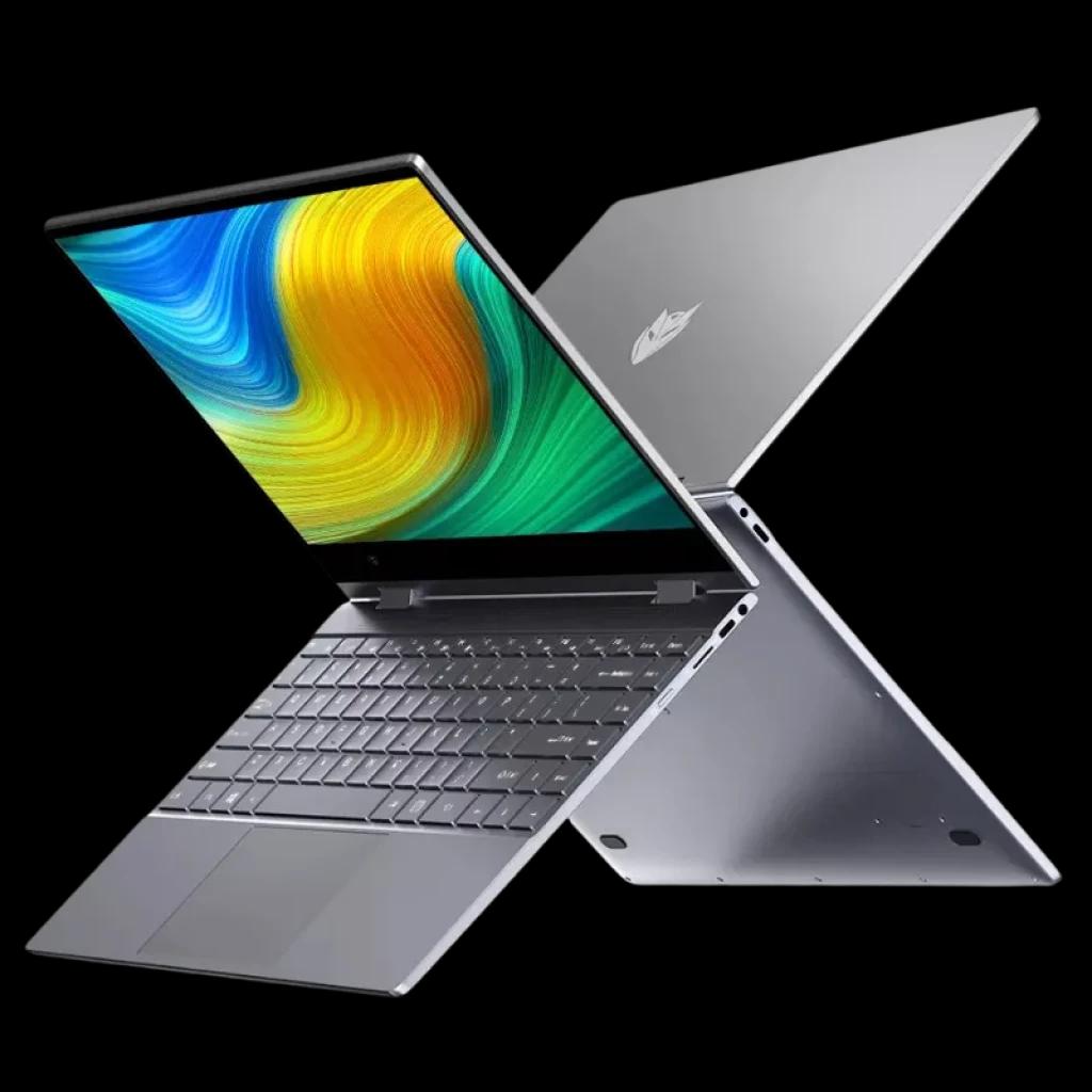 Notebook 14 pol. cinza com tela touch vibrante, dobradiça 360° estilo flip, corpo fino em alumínio, teclado completo e portas laterais visíveis