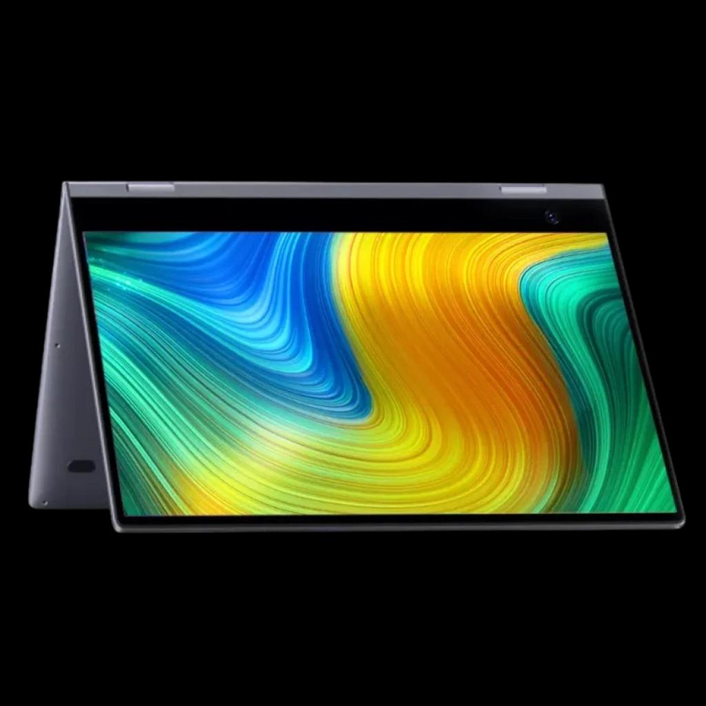 BMAX Maxbook Y14 Flip 360° em modo tenda, tela touch 14 pol com bordas finas, corpo em alumínio cinza, design fino e dobradiça 360 graus