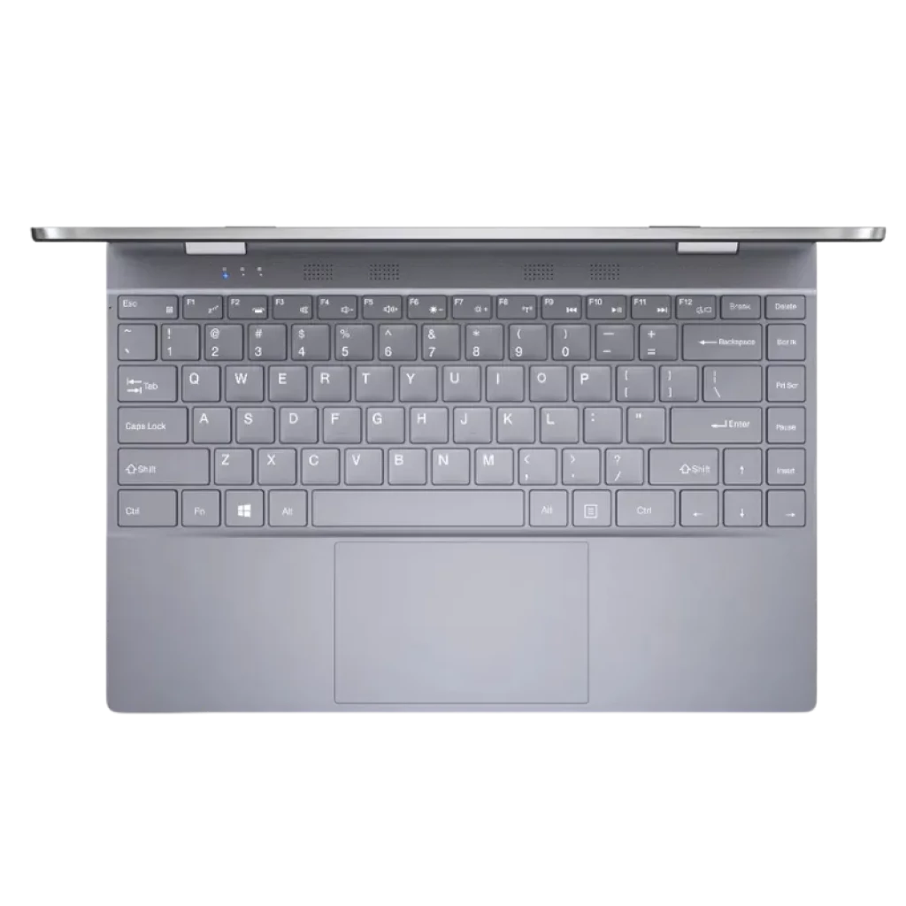 Teclado cinza do BMAX Maxbook Y14 Flip 360° com layout completo, teclas de função, touchpad amplo e luzes de status; design fino e moderno de 14 polegadas