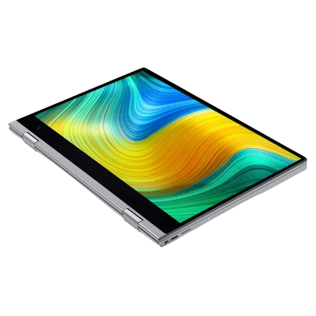 Notebook 2 em 1 prateado, tela 14 polegadas touch com dobradiça 360°, bordas finas e design ultrafino; modo tablet destacado na posição dobrada