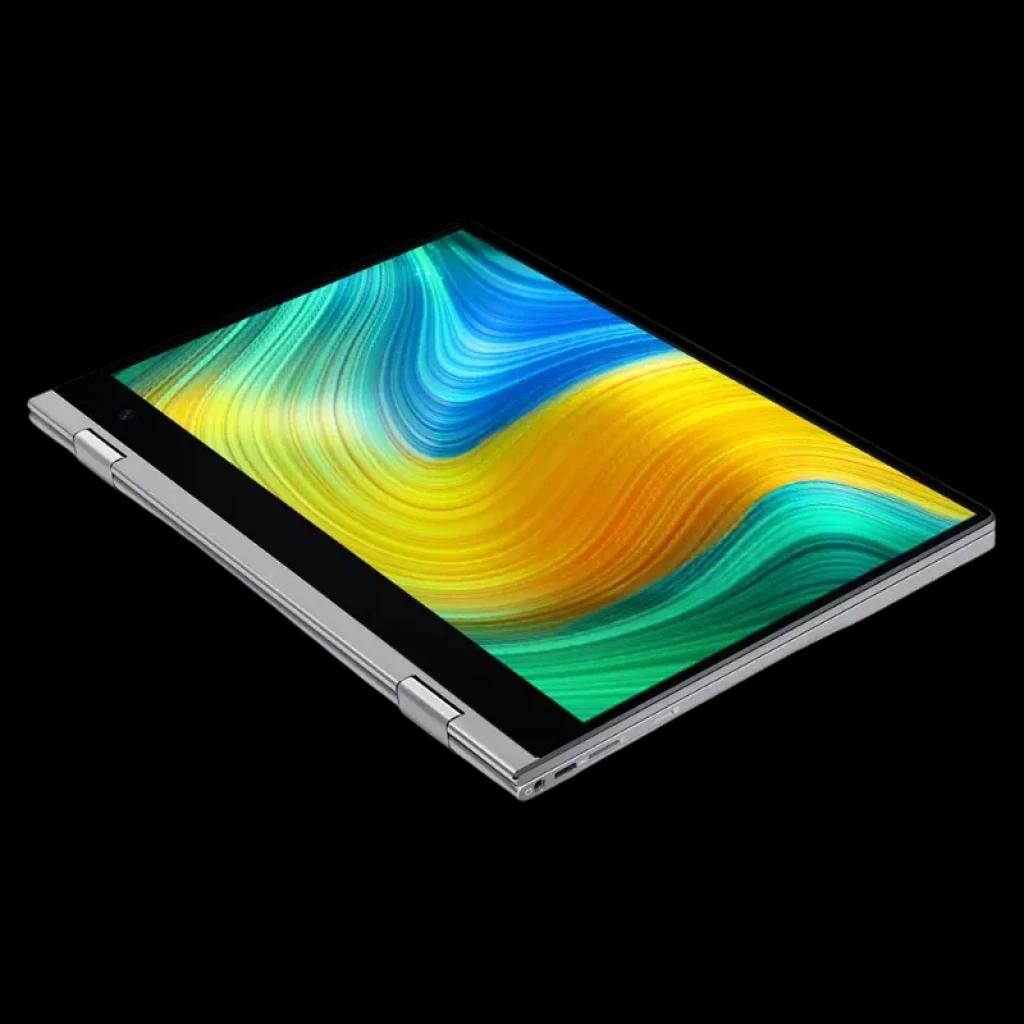 Notebook 2 em 1 prateado, tela 14 polegadas touch com dobradiça 360°, bordas finas e design ultrafino; modo tablet destacado na posição dobrada