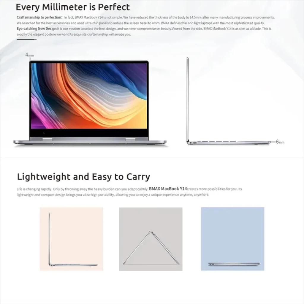 BMAX Maxbook Y14 Flip 360°: notebook 14 pol, tela quase sem bordas, design ultrafino e dobradiça 360° para modos laptop, tenda e tablet