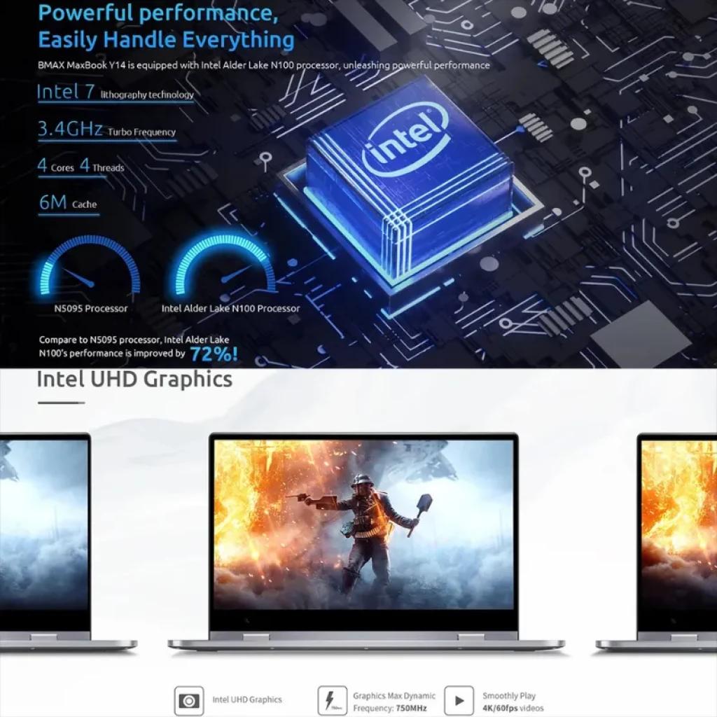 BMAX Maxbook Y14 Flip 360° com processador Intel N100, tela 14 polegadas, design conversível, gráficos Intel UHD e desempenho rápido para multitarefas