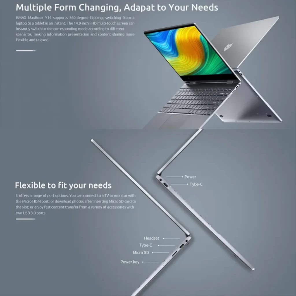 BMAX Maxbook Y14 Flip 360° com tela 14 pol, design conversível, dobradiça 360°, corpo fino em alumínio, múltiplas portas USB‑C, USB‑A, microSD e HDMI