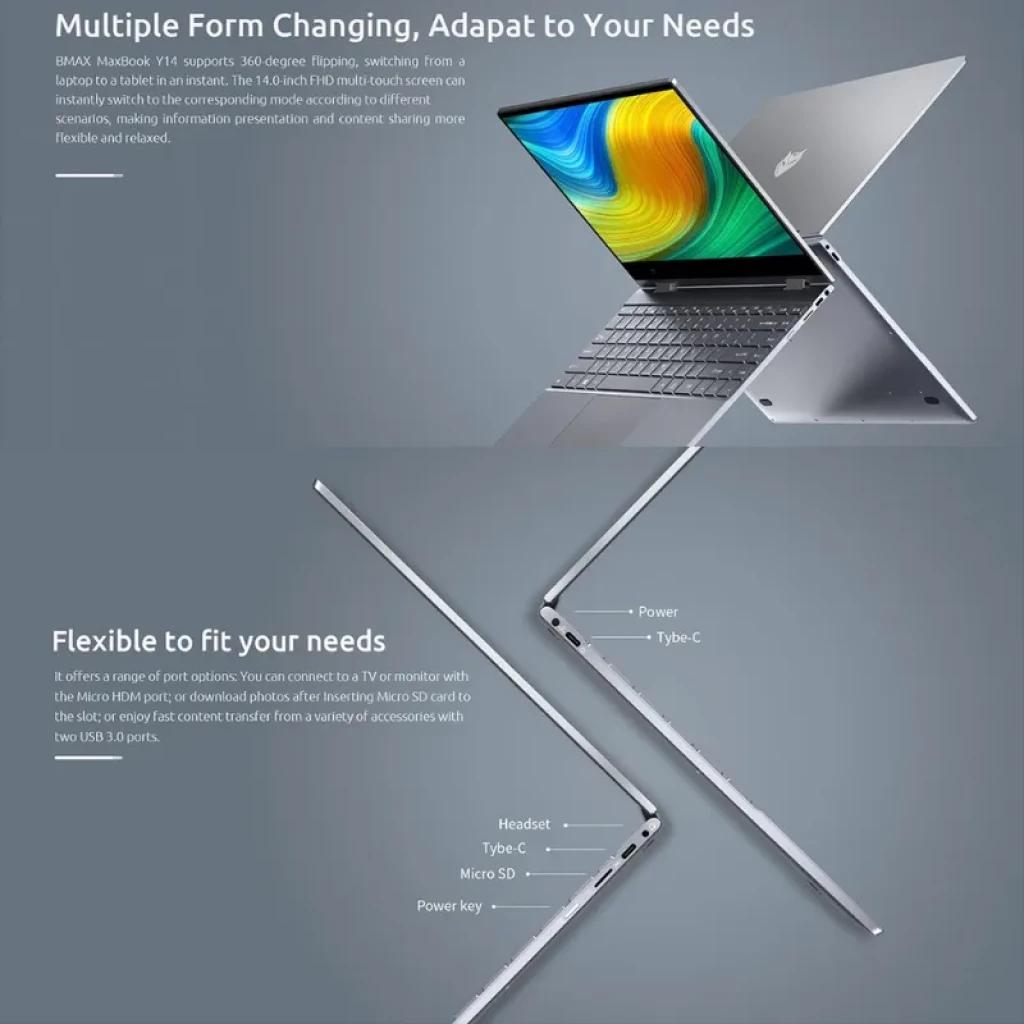 BMAX Maxbook Y14 Flip 360° com tela 14 pol, design conversível, dobradiça 360°, corpo fino em alumínio, múltiplas portas USB‑C, USB‑A, microSD e HDMI