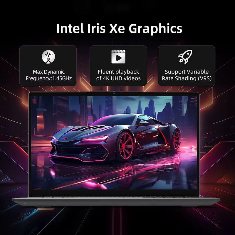 Tela do BMAX Maxbook X17 Power exibe gráfico futurista; destaque para Intel Iris Xe, reprodução 4K fluida e suporte a VRS, molduras finas e design elegante