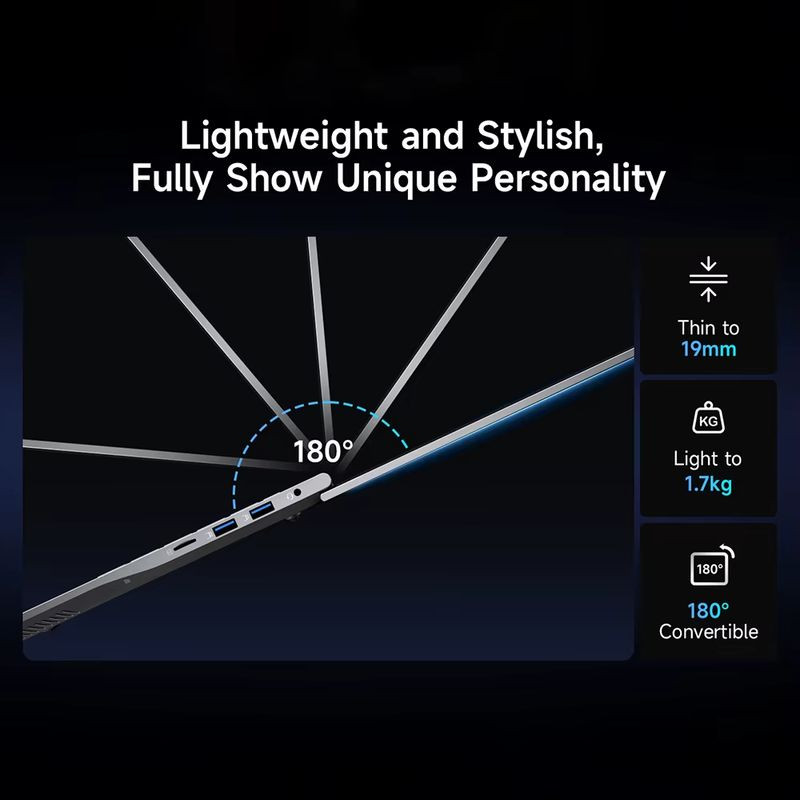 BMAX Maxbook X17 Power ultrafino 19 mm, dobradiça 180°, leve 1,7 kg, corpo elegante com portas USB e áudio, ideal para mobilidade e estilo