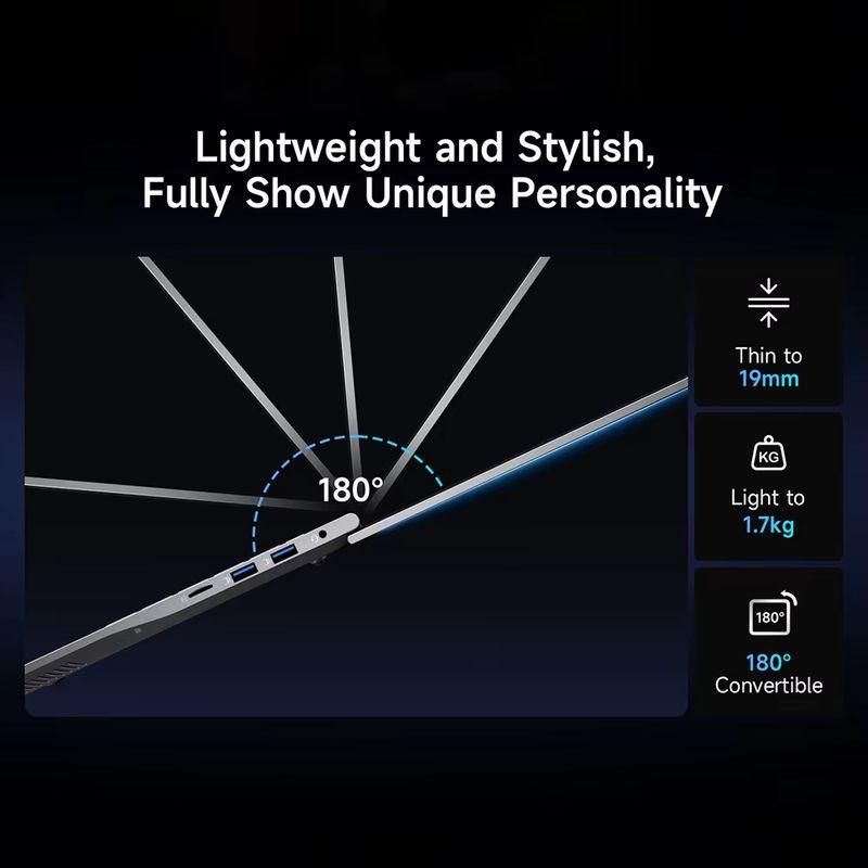 BMAX Maxbook X17 Power ultrafino 19 mm, dobradiça 180°, leve 1,7 kg, corpo elegante com portas USB e áudio, ideal para mobilidade e estilo